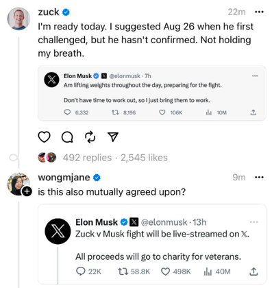 O CEO da Meta chegou a sugerir que a luta fosse no dia 26 de agosto, mas não obteve nenhuma resposta da equipe de Musk. 