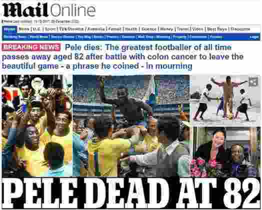 O 'Daily Mail', da Inglaterra, colocou Pelé como 'o maior de todos os tempos' em sua manchete. 