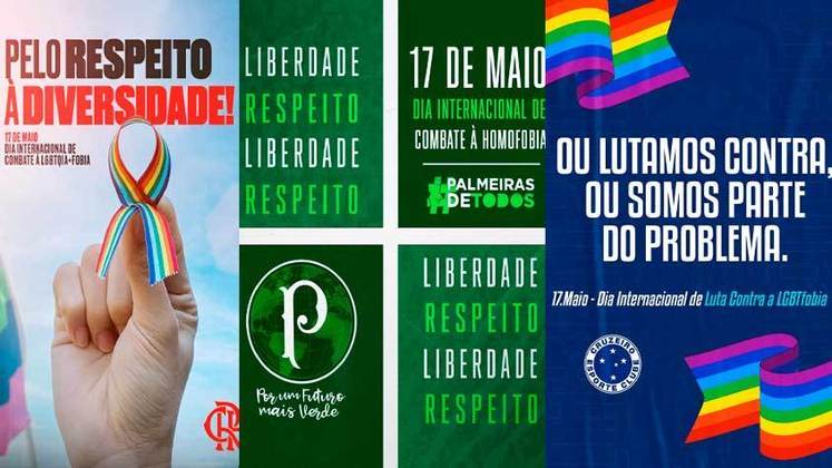 O dia 17 de maio celebra o Dia Internacional Contra a Homofobia. Com o intuito de conscientizar os torcedores espalhados pelo país, clubes do futebol brasileiro fizeram publicações nas redes sociais reforçando a luta pelo combate ao preconceito. Veja as manifestações dos times. 