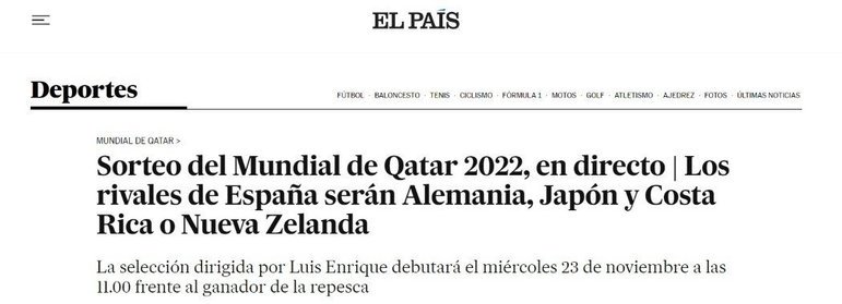 O 'El País' apenas destaca os adversários da Espanha no Grupo E.