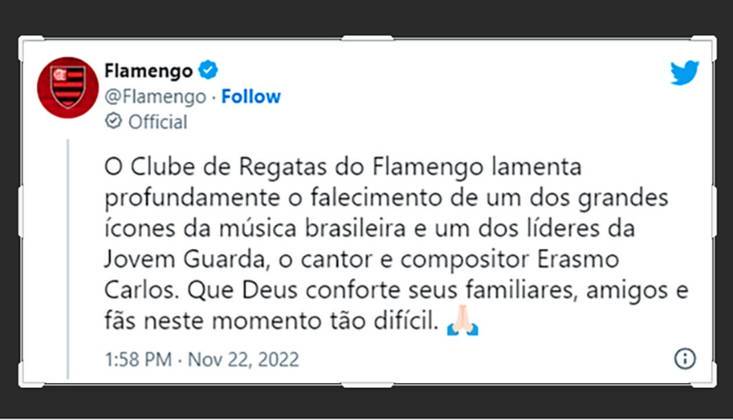 O Flamengo destacou a importância de Erasmo como um dos líderes da Jovem Guarda. 
