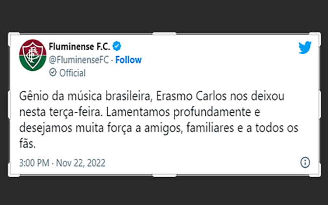 O Fluminense chamou Erasmo de gênio da música brasileiro na despedida pela rede social. 