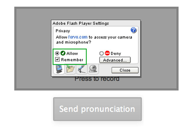 O Forvo.com usa uma tecnologia Adobe Flash para a gravação dos clipes.