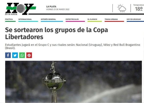 O 'Hoy' ressaltou o grupo do Estudiantes, que terá ​​Nacional, Vélez e Red Bull Bragantino.