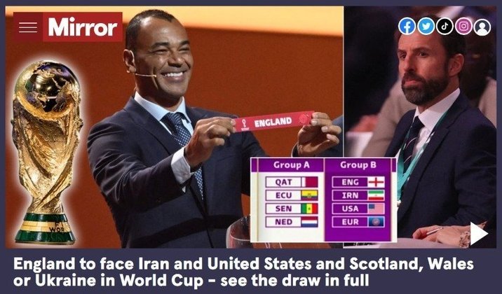 O Inglês 'Mirror' destaca os adversários EUA, Irã e o vencedor da repescagem europeia.