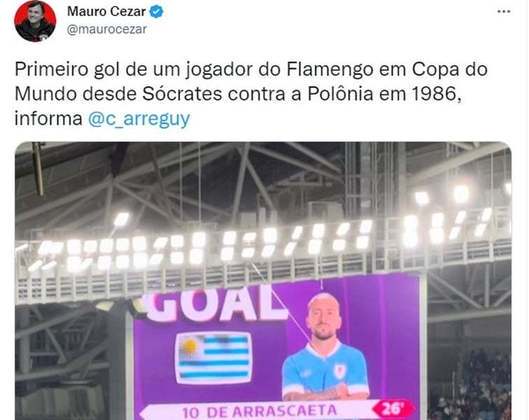 O jornalista Mauro Cezar trouxe dados informados por Cláudio Arreguy. Desde a copa de 86, um jogador do Flamengo não fazia um gol em uma Copa do Mundo. 