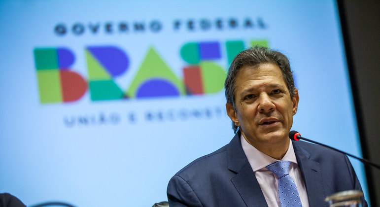 O ministro da Fazenda, Fernando Haddad, durante anúncio do arcabouço fiscal