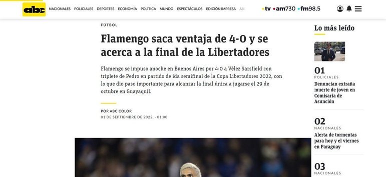 O paraguaio ABC Color publicou três notas sobre a goleada do Flamengo. As condições ruins do campo foram ressaltadas pelo veículo.