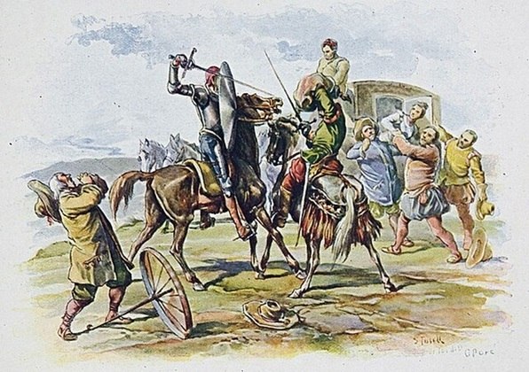 O pequeno fidalgo, já de uma certa idade, abandonou sua esposa e partiu pelo mundo, como fez Dom Quixote, vivendo seu próprio romance de cavalaria.