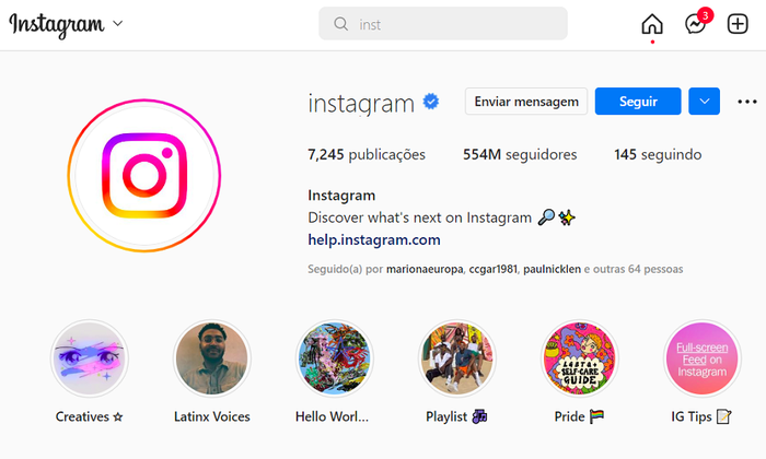 O perfil mais seguido do Instagram é o do próprio Instagram. A página tem até o momento mais de 554 milhões de seguidores.