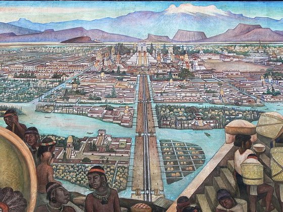 O pintor mexicano Diego Rivera criou uma obra para destacar a arquitetura asteca na antiga capital do Império Asteca, Tenochtitlán, hoje Cidade do México.