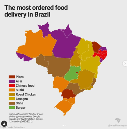 O portal de instagram brasilemmapas fez um curioso mapa sobre os pedidos de alimentos mais comuns no Brasil. No levantamento, dá pra perceber a diferença de costumes dos moradores de cada região.