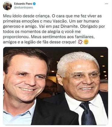 O prefeito do Rio de Janeiro Eduardo Paes prestou seus sentimentos aos familiares e disse que Dinamite foi seu 
