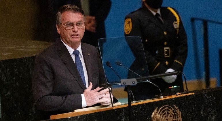 O presidente Jair Bolsonaro durante discurso na Assembleia-Geral da ONU nesta terça-feira (20)
