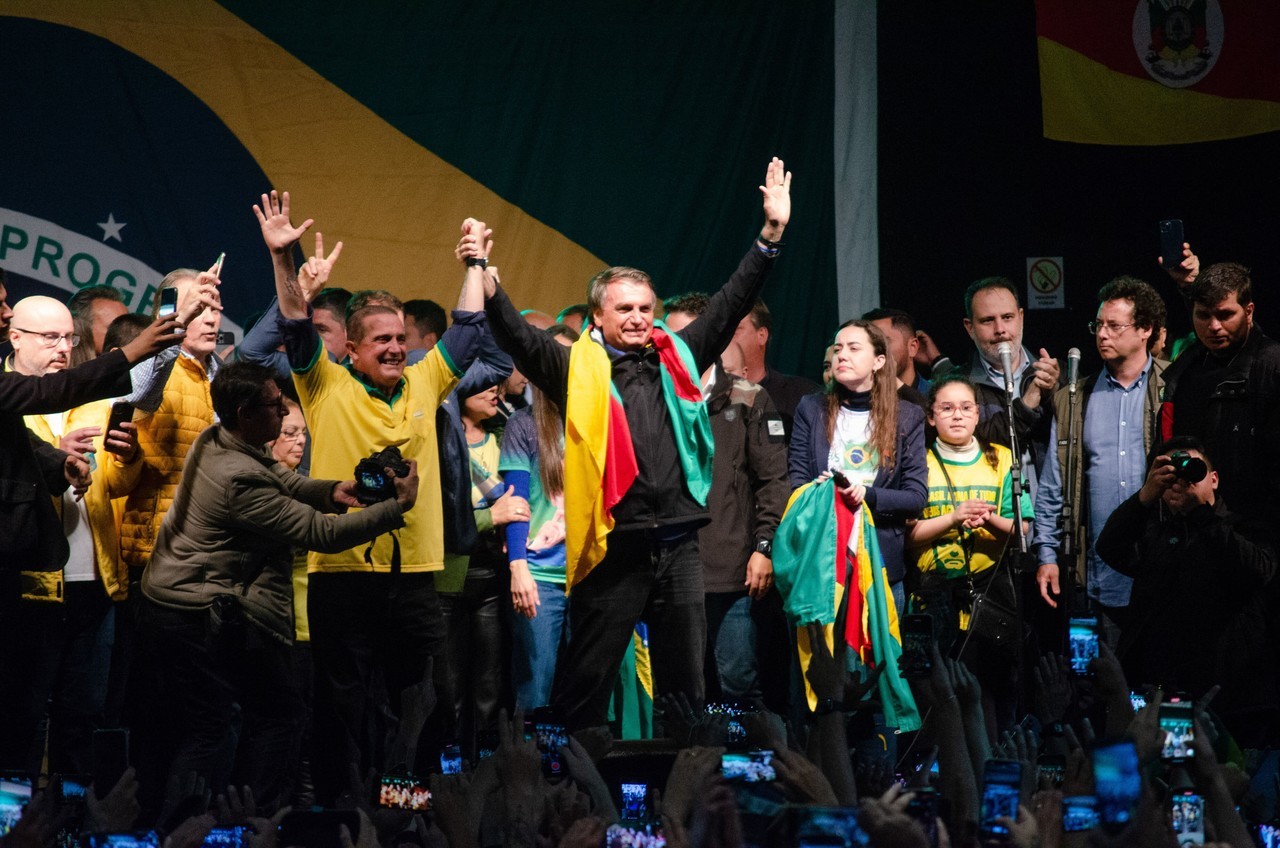 O presidente Jair Bolsonaro, candidato à reeleição, em evento de campanha em Pelotas, no Rio Grande do Sul