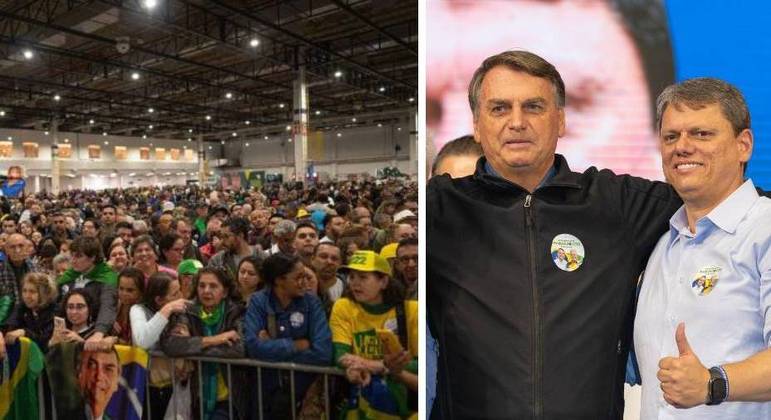 O presidente Jair Bolsonaro e o candidato do Republicanos ao governo de São Paulo durante convenção do partido neste sábado (30)