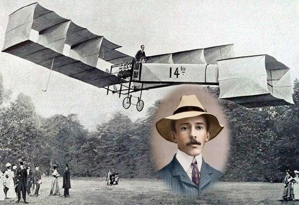  O primeiro voo da história foi em 1906, feito pelo 14-Bis, uma aeronave bem modesta desenvolvida pelo brasileiro Santos Dumont.