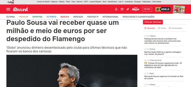 O Record colocou em destaque o alto valor que o treinador português vai receber do Flamengo por ser demitido do cargo.