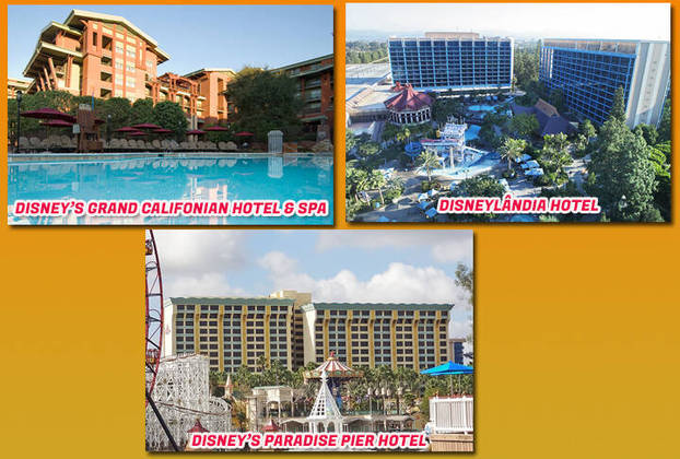 O resort tem três hotéis internos (Disney's Grand Californian Hotel & Spa, Disneyland Hotel e Disney's Paradise Pier Hotel)