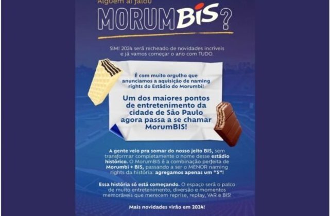 O São Paulo firmou contrato com a empresa de produtos alimentícios Mondelez Brasil, proprietária da marca de chocolate Bis, para a venda dos naming rights do do Morumbi. O estádio será chamado de MorumBIS nos próximos três anos - tempo de vigência do acordo. - Foto: Divulgação