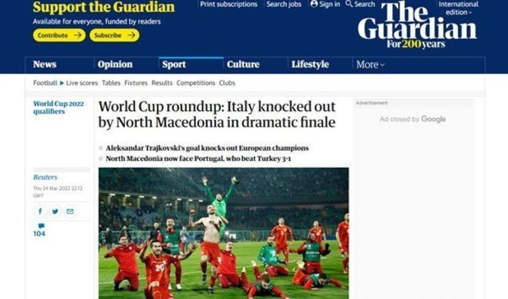 O The Guardian (Inglaterra) endossa o feito histórico na reperscagem da Copa do Mundo.