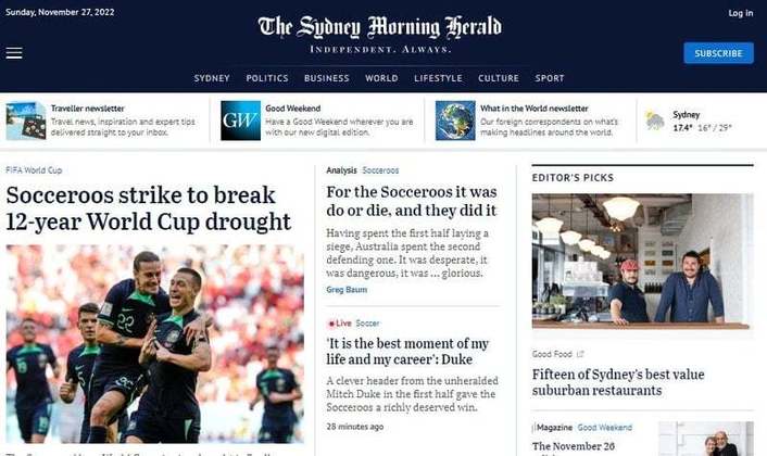 O The Sidney Morning Herald, da Austrália, destacou o jejum de 12 anos sem conquistar três pontos que foi quebrado contra a Tunísia.