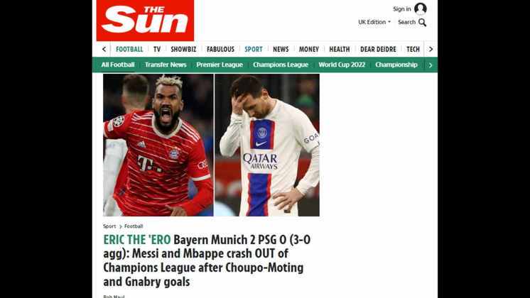 O 'The Sun', da Inglaterra, conhecido pelas manchetes sensacionalistas, foi mais discreto na repercussão da partida: 'Messi e Mbappé caem diante de Choupo-Moting'.