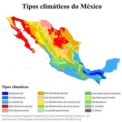 O Trópico de Câncer divide o país em zonas temperadas e tropicais.  Isto dá ao México um dos sistemas climáticos mais diversos do mundo