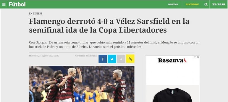 O uruguaio Ovación, braço esportivo do Diário El Pais, publicou um resumo da goleada do Flamengo, destacando a imposição do time brasileiro.