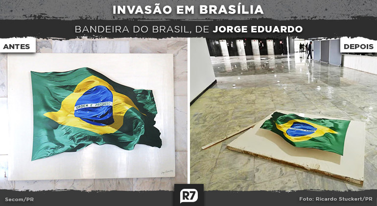 Obra 'Bandeira do Brasil', de Jorge Eduardo, de 1995, antes e depois da invasão ao Planalto