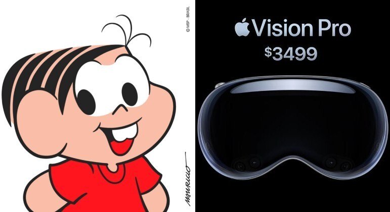 O que os óculos da Apple têm de caros (custam o equivalente a R$ 17 mil), também têm de inspiradores. Principalmente quando o assunto é meme! O Vision Pro, como é chamado, foi lançado durante a WWDC 2023, evento da fabricante do iPhone dedicado a desenvolvedores. Ele permite que itens virtuais sejam inseridos em um ambiente real. E, de acordo com o perfil de Twitter @wwwmlna, 'são perfeitos para o formato dos olhos de 90% dos personagens da Turma da Mônica'