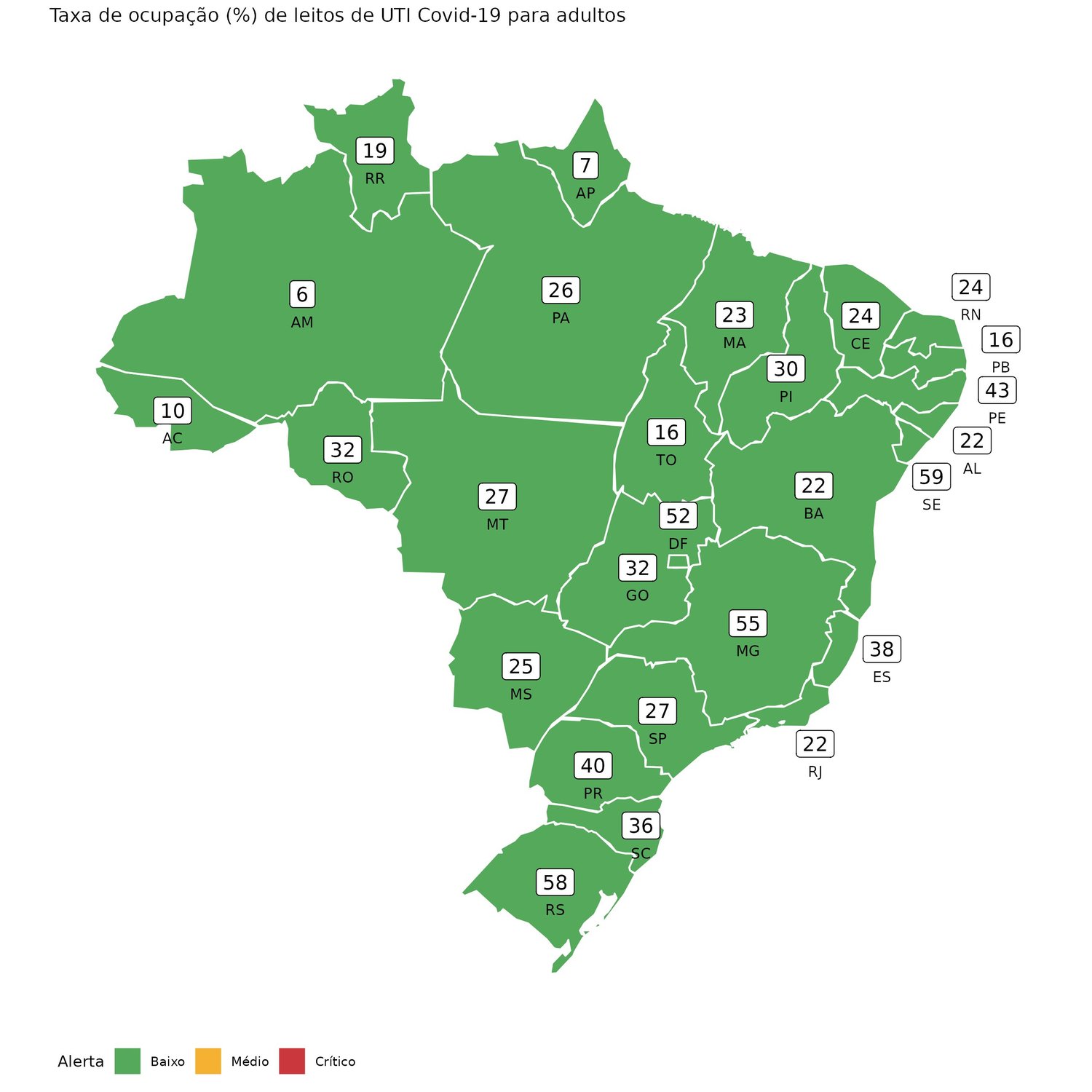 Mapa da Fiocruz: percentual de ocupação dos leitos de UTI Covid por unidade da federação