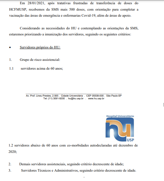 Trecho de ofício mostra critérios definidos pela superintendência do HU para a imunização