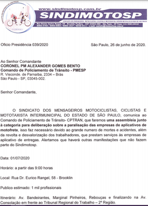 Um dos 4 ofícios do Sindimoto enviados ao R7 mostra aviso sobre protesto