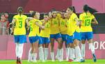 Jogadoras do Brasil comemoram vitória sobre a China no futebol feminino