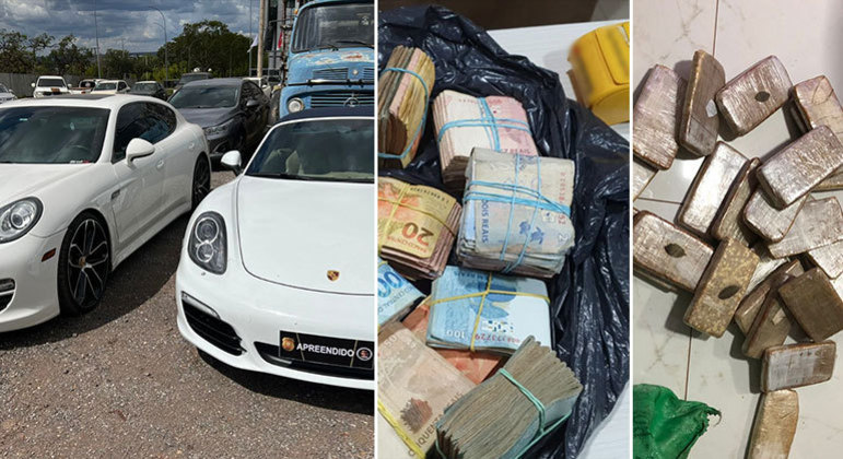 Carros Porsche, dinheiro e drogas apreendidas