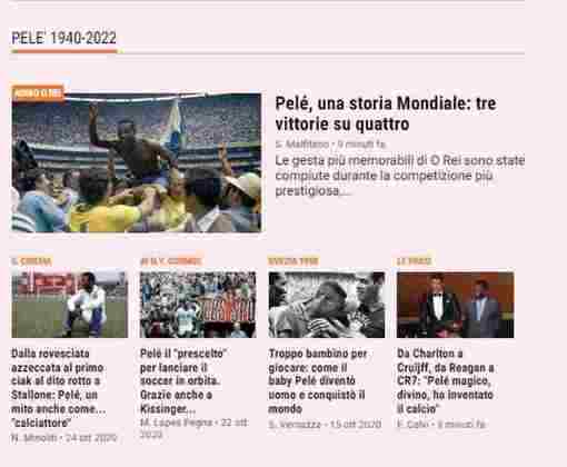 Os italianos dedicaram um bom espaço de seu site para a cobertura do falecimento do Rei. A 'Gazzetta' ainda relembrou a participação de Pelé no cinema, seus três títulos mundiais em quatro Copas disputadas e seu 'surgimento' na Copa de 1958.
