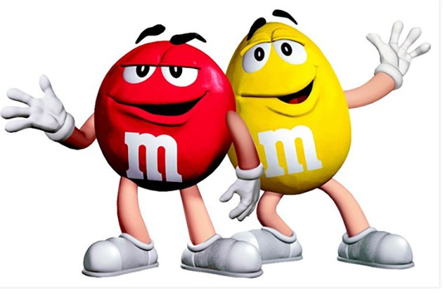 Os personagens dos M&Ms surgiram em 1954, inicialmente apenas com Vermelho e Amarelo (regulares e amendoim). 