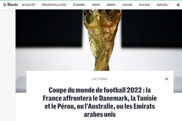 Outro francês, o 'Le Monde', apenas destacou o grupo dos Bleus, que terá Peru/Emirados Árabes/Austrália, Dinamarca e Tunísia.
