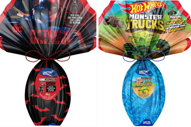 Também para as crianças, a linha infantil da Lacta traz os modelos Hot Wheels, com um carrinho Monster
Truck e uma cartela de adesivos, e Batman,
com uma miniatura do super-herói. Ambos os ovos têm 166g e são vendidos por R$ 69,99