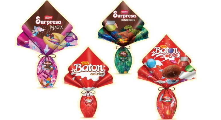 A
linha infantil da Nestlé e da Garoto é composta pelos ovos Dino Eggs (204g), Surpresa
Magia (210g), Baton Colors
(212g) e Baton ao Leite (204g). Todos têm preço sugerido de R$ 46,99