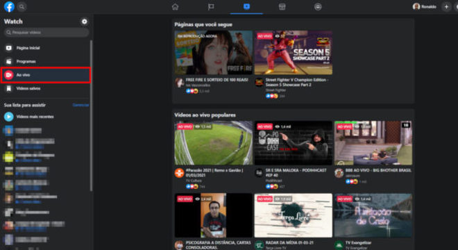 Página de vídeos ao vivo do Facebook Watch no desktop (Imagem: Reprodução/Facebook)
