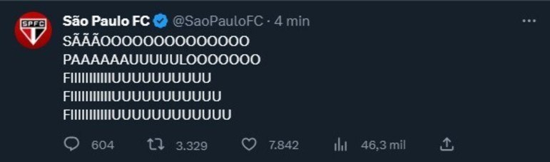 Até mesmo o perfil oficial do São Paulo entrou na onda e provocou o rival após a eliminação. A publicação é uma ironia a um comum cântico da torcida do Palmeiras no estádio, que, segundo os rivais, é um dos poucos gritos alviverdes na arquibancada