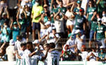 Jogadores do Palmeiras comemoram o primeiro gol do Verdão, após chute de fora da área do camisa 8, no final do primeiro tempo