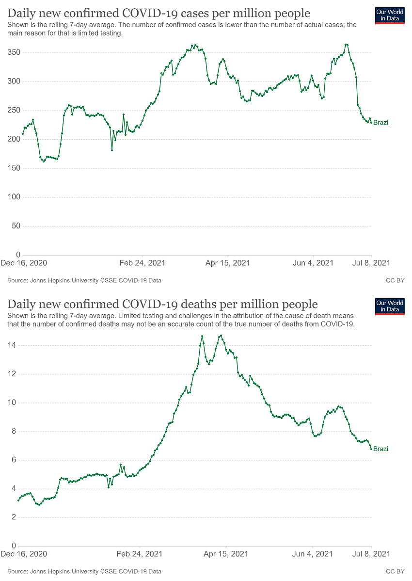 Gráfico mostra que apesar de alta dos casos, Brasil teve queda das mortes desde abril