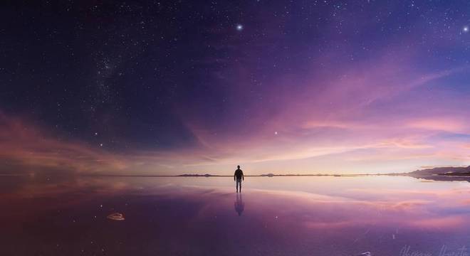 Panorâmica durante o crepúsculo no Salar de Uyuni, na Bolívia