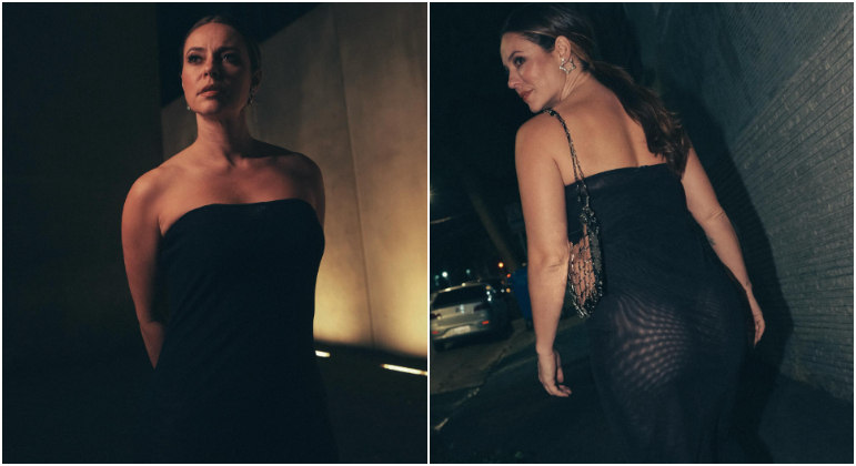 Para aproveitar uma sexta-feira, Paolla escolheu um visual extra sexy: vestido longo sem alça, de tecido preto e com transparência. 