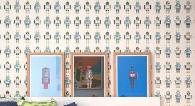 papel de parede para quarto infantil masculino com desenhos de robôs 