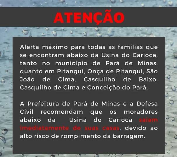 Aviso compartilhado pela Prefeitura de Pará de Minas