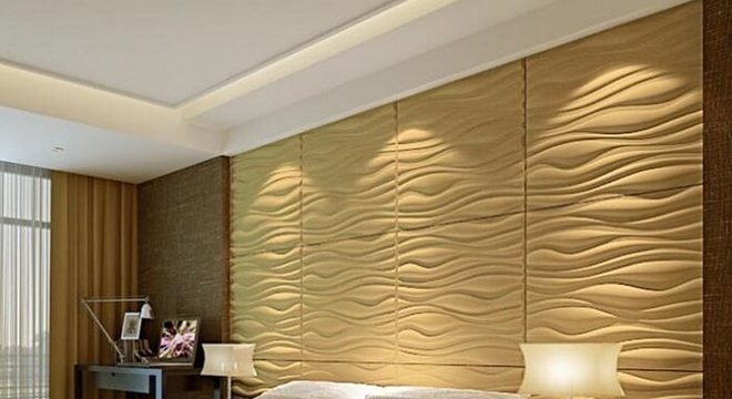 Parede da cabeceira revestida com placa de gesso 3D